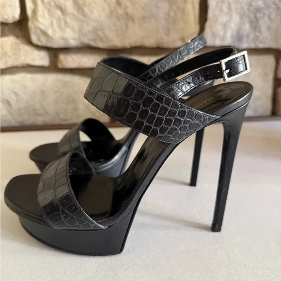 Black Croc-Embossed Leather Women's Sandals - Picture 4 of 12